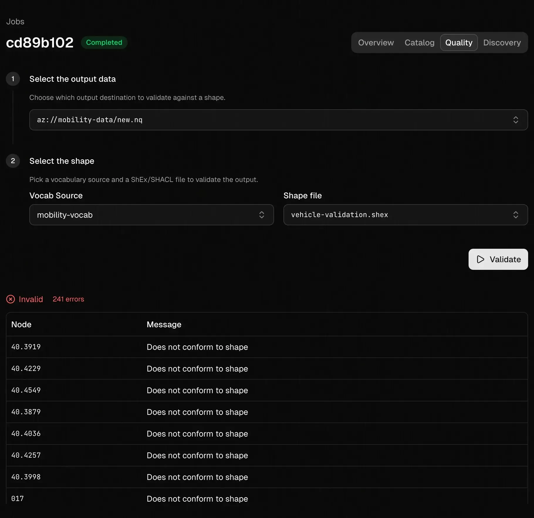 Shape validation interface