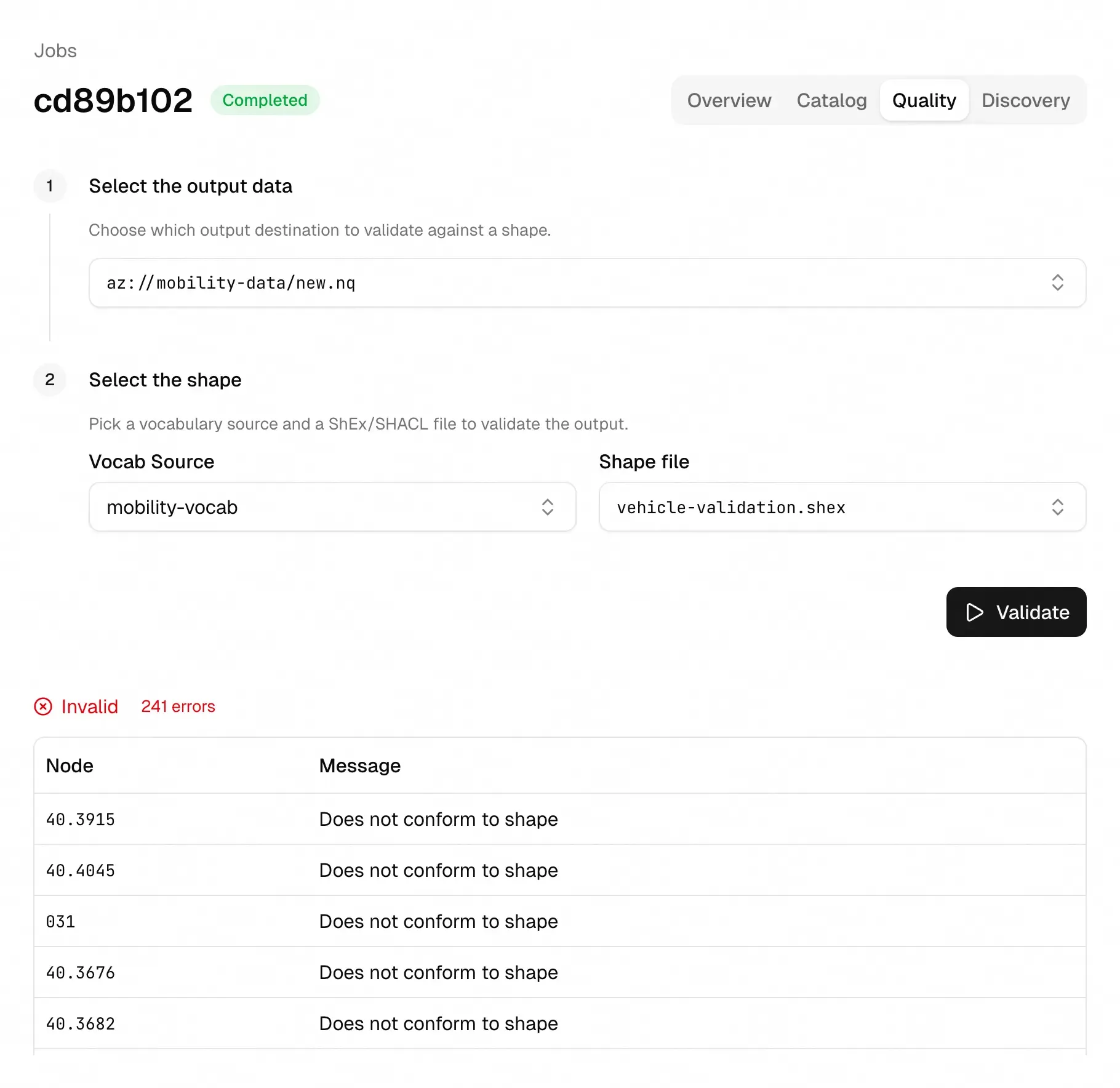 Shape validation interface